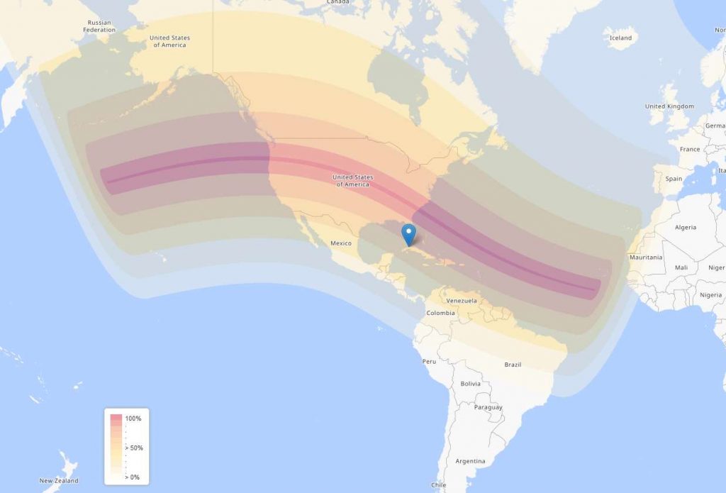 Map of sun coverage during august 21st, 2017 solar eclipse. Cuba at 60% coverage.