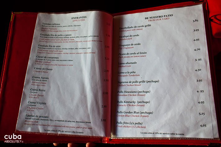 Menu at a restaurant © Cuba Absolutely, 2014