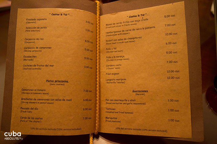 Menu in a restaurant© Cuba Absolutely, 2014